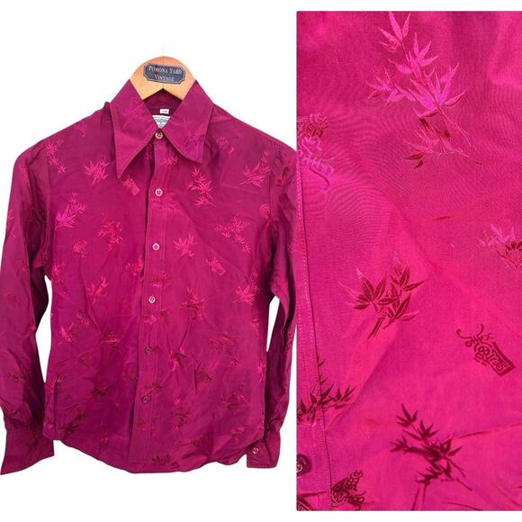 Vintage 70sBurgundy Embossed Asian Themed Secretary Blouse Size 7/8 Medium - Picture 1 of 7